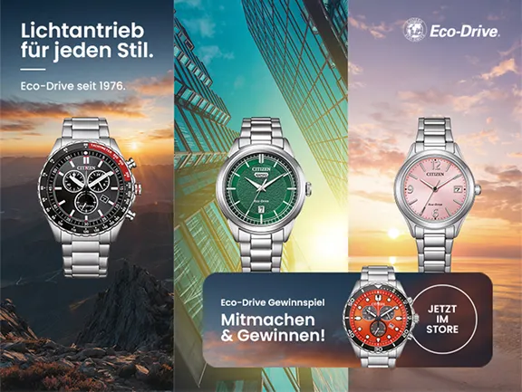 Grafik für Citizen Eco-Drive mit drei Uhrenmodellen vor verschiedenen Kulissen und Gewinnspiel-Banner.