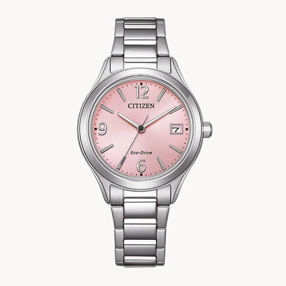 FE6121-67X - Silberne Citizen Damenuhr mit lachsfarbenen Zifferblatt und Datumsanzeige auf 3 Uhr.